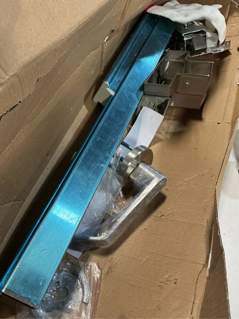 Condition photo showing As Is for 304 stainless steel panic bars for emergency exit doors with alarms - 25.5” commercial door push bar panic exit device with exterior lever handle, panic door hardware for 26”-41”wooden/metal doors