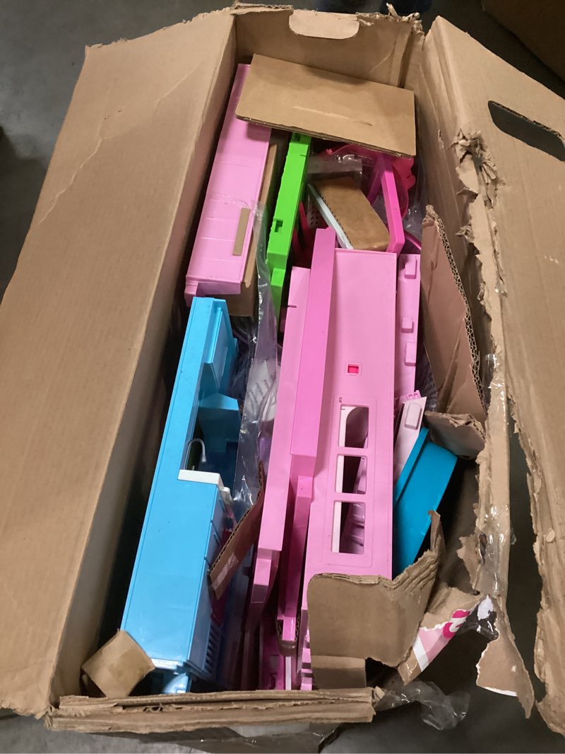 Condition photo showing Good Condition for barbie dreamhouse, pool party doll house with 75+ pieces and 3-story slide, house playset, pet elevator and puppy play areas