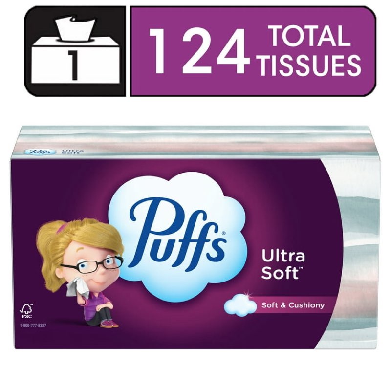 puffs ultra soft facial tissues, 1 family size box, 124 facial tissues per box