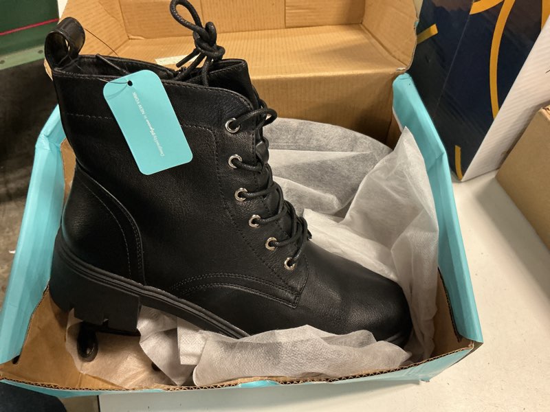 Condition photo showing Good Condition for (size 11)women's lace-up combat ankle boots with chunky platform heel | comfortable military-style booties, side zipper and memory foam insole, for city days, concerts and relaxed fall outfits