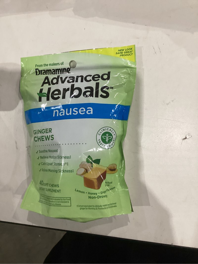 Condition photo showing New/Like New for from The Makers of Dramamine, Advanced Herbals, Ginger Chews, Nausea Relief Soft Chews Lemon-Honey-Ginger, 40 Count