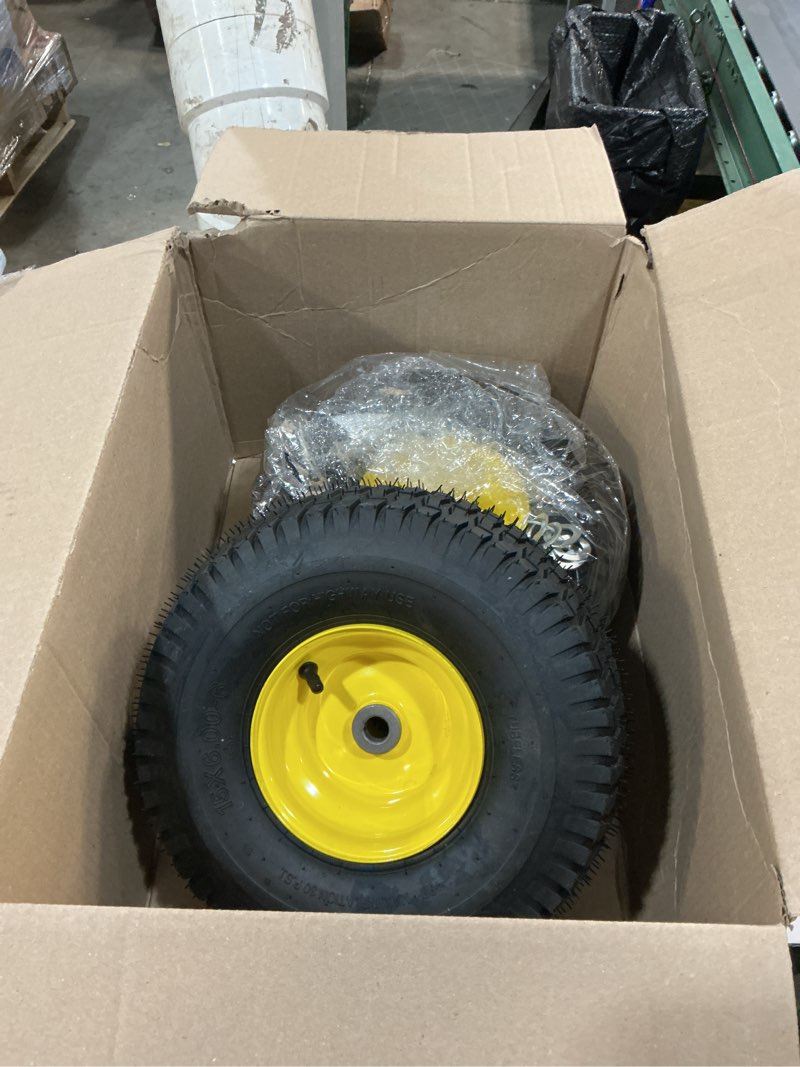 Condition photo showing Good Condition for 2pcs 15x6.00-6 lawn mower tires, 4 ply tubeless 15x6-6 front tire assembly replacement for craftsman/john deere/cub cadet riding mowers,570lbs capacity,3" offset hub,3/4" bushing 2p-15x6.00-6 tubeless (3" offset hub) 2