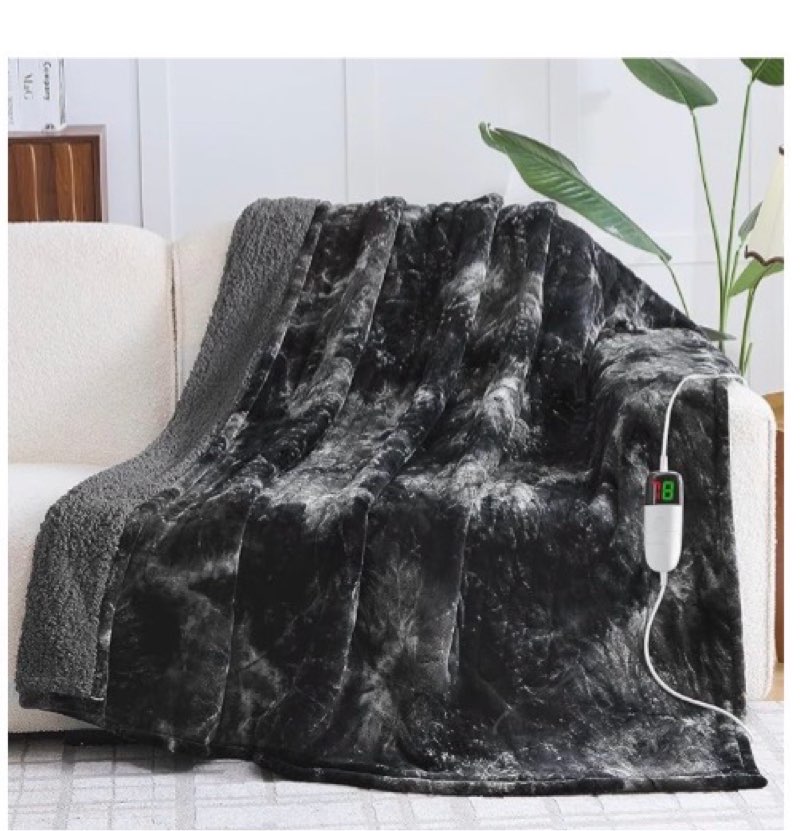 greenoak heated electric blanket throw, faux fur sherpa heating blanket for sofa bed, warm winter gifts for women/men, heater lap blankets 5-position timer &10 heating levels 50''*60" black