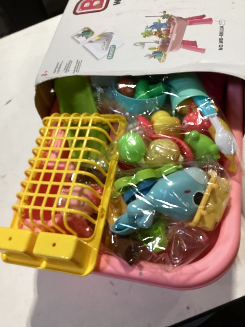 Condition photo showing Good Condition for play sink with running water table for toddlers, 4 in 1 kids kitchen sink toy with functional faucet, play food, kitchen accessories, floating animal fishing game, pretend play dishwasher for kids