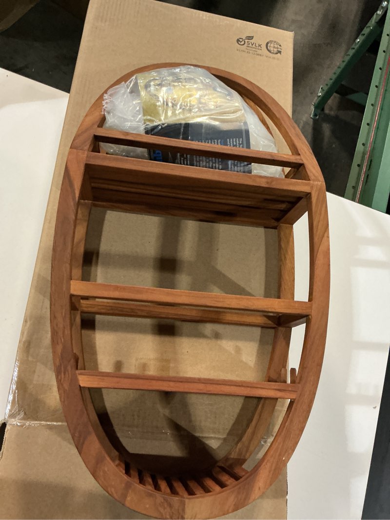 Condition photo showing New/Like New for aquateak patented moa oval teak shower organizer - hanging shower caddy with wood shelves, hooks & soap holder - durable, water-resistant bathroom storage with space-saving design a. caddy