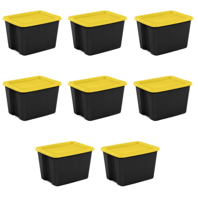 Sterilite Large Storage Bin, 18 Gallon Durable Plastic Storage Tote with Snap-On Lid, Black and Yellow, 8 Pack