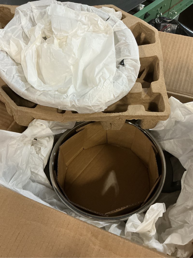 Condition photo showing As Is for t-fal clipso stainless steel pressure cooker, 6.3 quart, recipe book, steam basket, easy-open lid, secure locking system, adjustable pressure valve, induction cookware, pots and pans, kitchen, silver