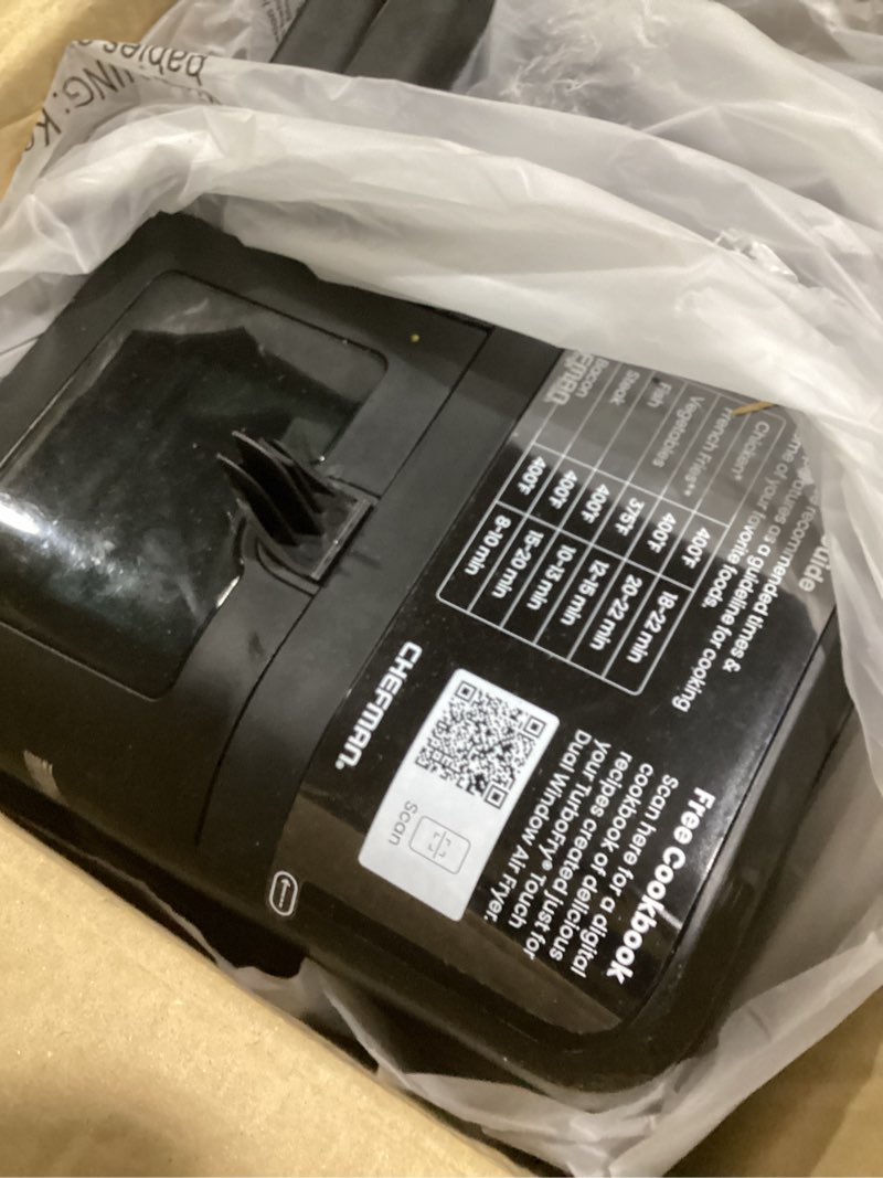 Condition photo showing As Is for chefman 6 quart dual basket air fryer oven with easy view windows, sync finish, hi-fry, auto shutoff, 2 independent 3qt nonstick dishwasher safe frying baskets, digital double air fryer - black 6 quart - window