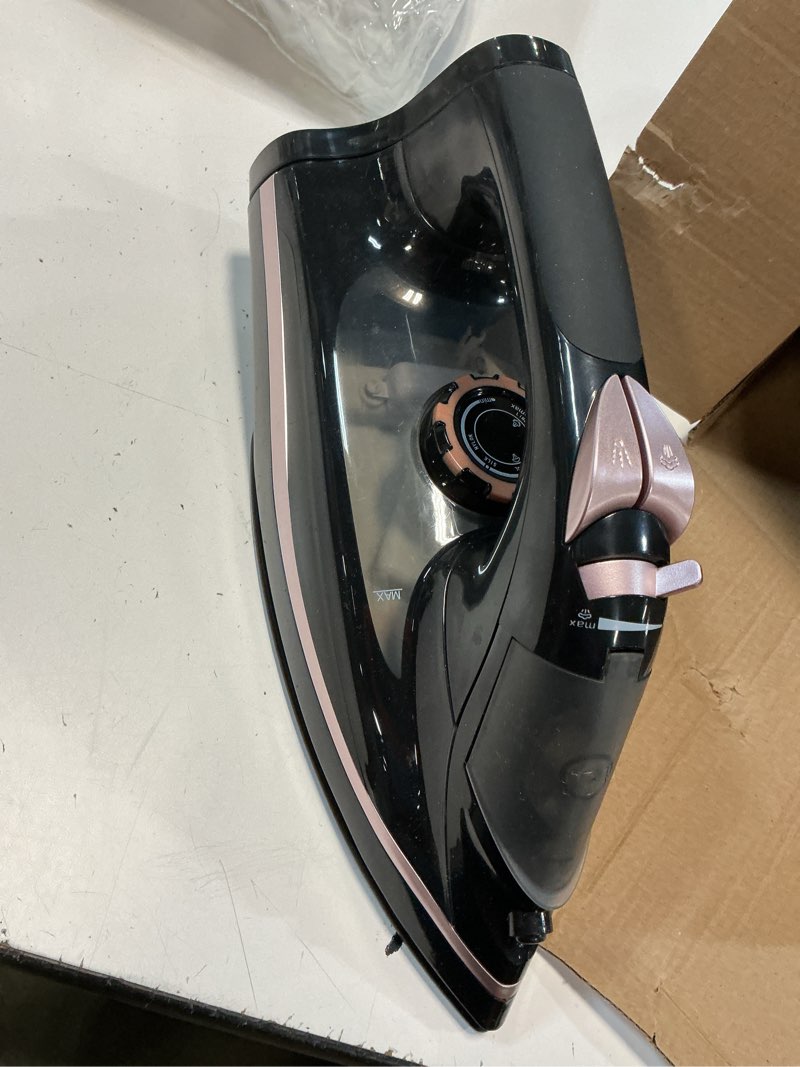 Condition photo showing As Is for martisan cordless iron for clothes, 1600w, wireless, rapid heating, retractable cord, power charging base, ceramic soleplate, auto-off, anti-calc, anti-drip, self clean black