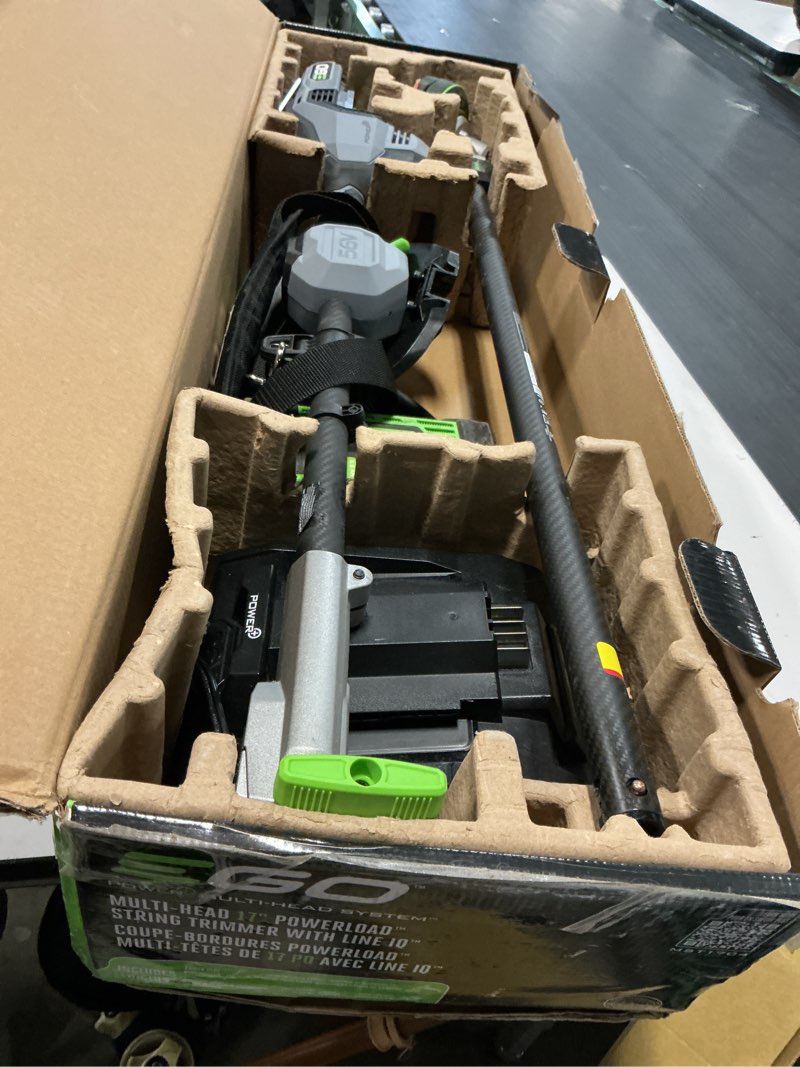 Condition photo showing As Is for ego power+ multi-head system with line iq, powerload 56-volt 17-in straight shaft attachment capable battery string trimmer 5 ah (battery included) (charger included)