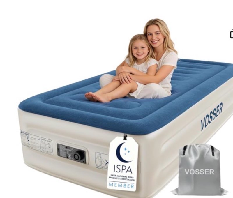 VOSSER Double Air Mattress with Built-in Pump, Quick and Easy Inflation/Deflation Inflatable Mattress, Foldable Air Mattress with Storage Bag, Inflatable Bed for Home | Patented I-Beam Blow-Up Mattress, 40% Thicker PVC, Water/Leak Proof, Flocked, 2-Min Inflate, Non-Slip Silent, 10-Year Support, Suitable for Home and Guests
