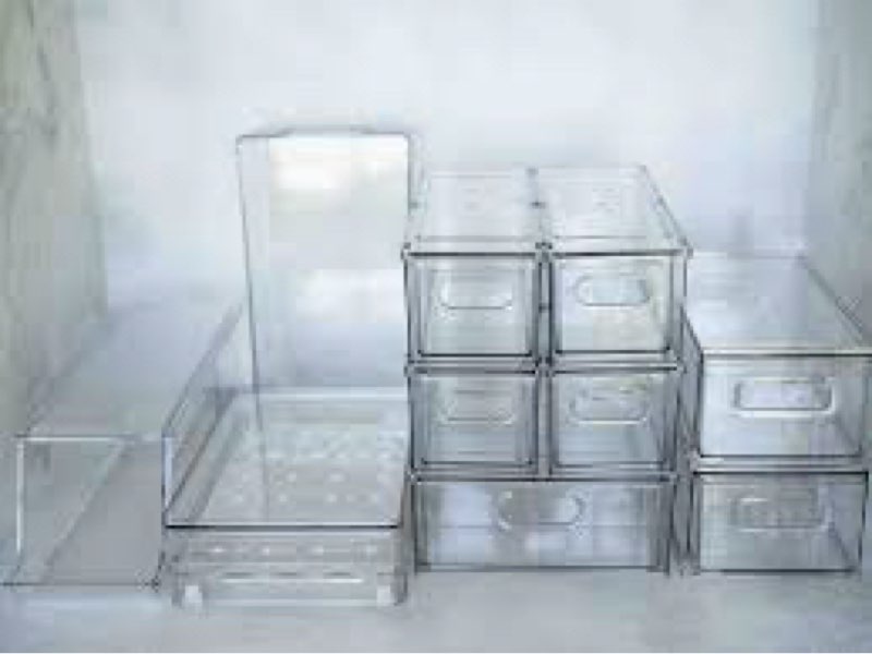 Clear plastic storage bin