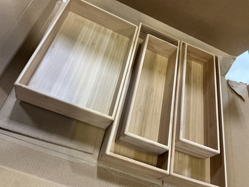 Condition photo showing Good Condition for stack bamboo drawer organizer set of 5, kitchen utensil, flatware&silverware organizer-wood laminated stackable for kitchen, bedroom, 13.4''x4.5''*2+10.2''x3.3''*2+10.2''x6.7''*1 bamboo (5 piece set) 19.2" l x 13.3" w x 2.2" h