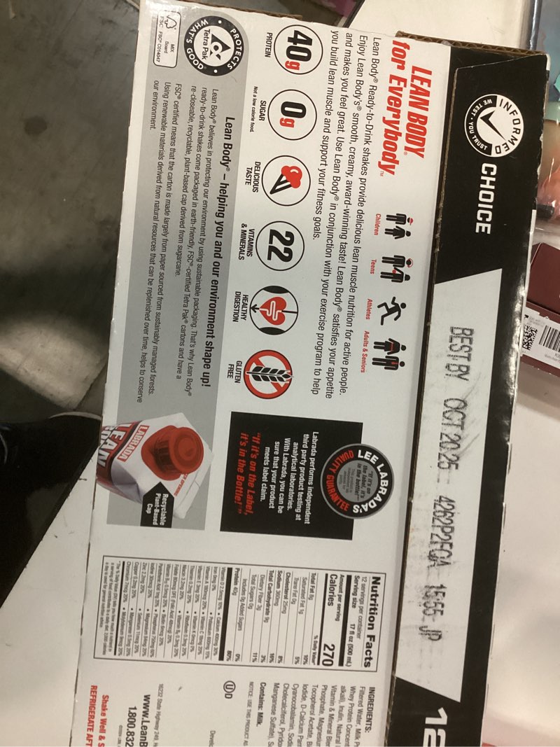 Condition photo showing New/Like New for BB 10/2025) Labrada Lean Body Ready-to-Drink Chocolate Protein Shake, 40g Protein, Whey Blend, 0 Sugar, Gluten Free, 22 Vitamins & Minerals, LABRADA, 17 Fl Oz (Pack of 12) Chocolate 204 Fl Oz (Pack of 1)