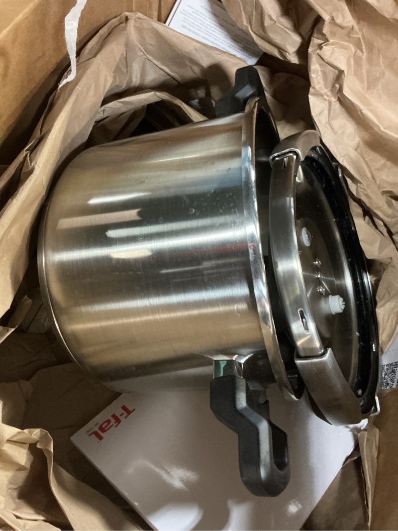 Condition photo showing As Is for T-fal Clipso Stainless Steel Pressure Cooker, 6.3 Quart, Recipe Book, Steam Basket, Easy-Open Lid, Secure Locking System, Adjustable Pressure Valve, Induction Cookware, Pots and Pans, Kitchen, Silver