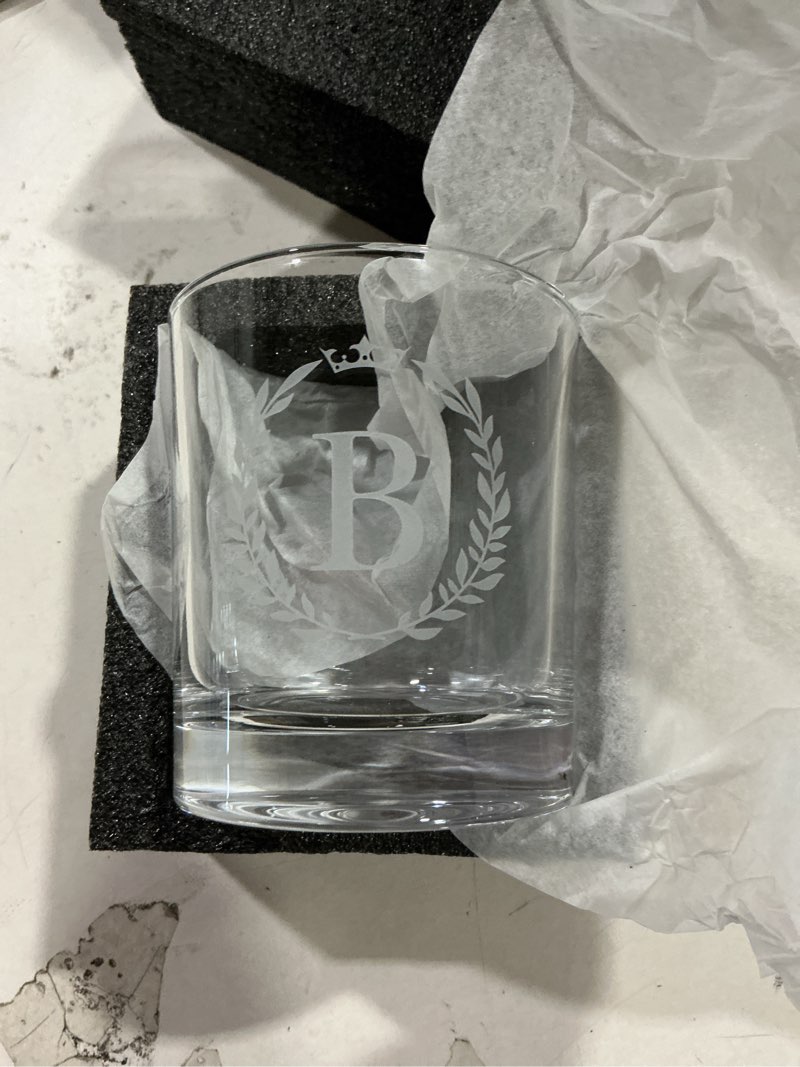Condition photo showing Good Condition for mens valentines day gifts for him, personalized engraved a-z 10.6 oz rocks whiskey glass for men, unique fathers day birthday gifts for men him dad husband brother son (b)