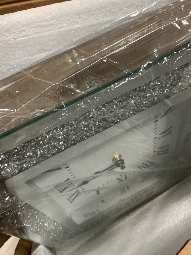 Condition photo showing New/Like New for crystal crush diamond mirrored square wall clock with sparkle twinkle bling diamond decor for wall decoration, 12x12inch decorative silver mirror quartz clock for home decor. aa battery not included shining silver