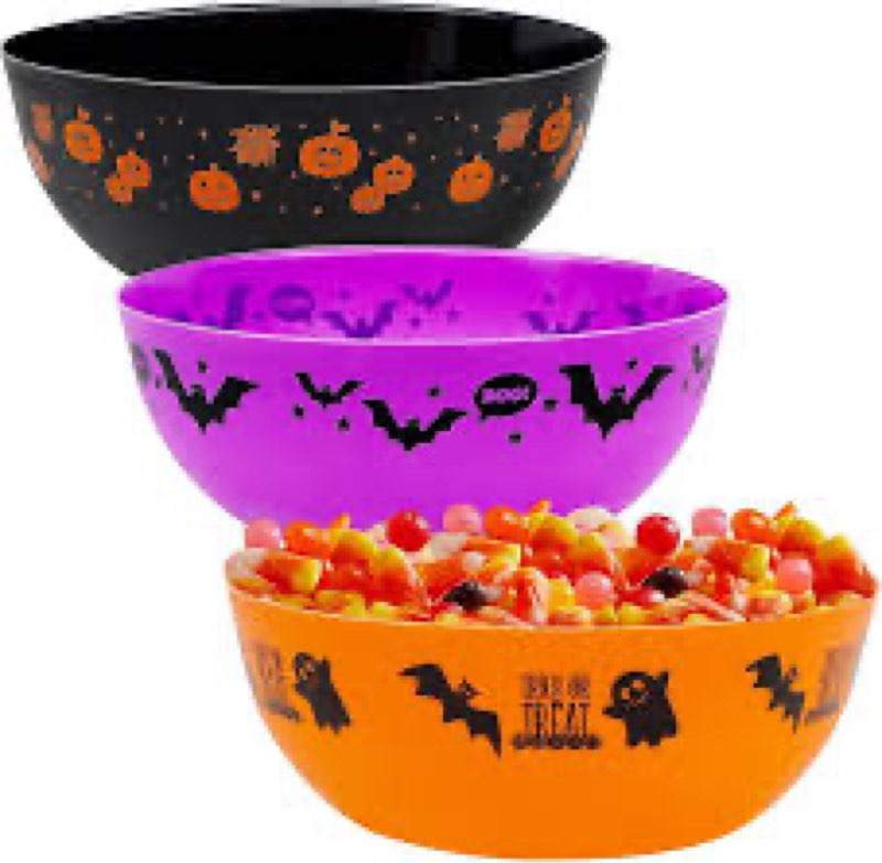 Zcaukya 3 Packs Halloween Candy Bowls, 9.6" Plastic Trick-Or-Treat Holders Pattered with Bat Ghost J