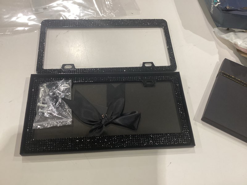 Condition photo showing Good Condition for shering 2 pack bling license plate frames for women, stainless steel, 1200pcs rhinestone sparkly diamond, handmade bedazzled cover (black) | handcrafted stainless steel frame, 1200pcs sparkling crystal rhinestones, gift box for her, anti-rust car accessories black 2