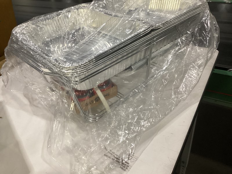 Condition photo showing As Is for (missing parts)large full size 33-pcs disposable chaffing buffet with-covers, utensils, fuel cans – premium chafing dish set for events, parties, catering complete kit (with racks)g