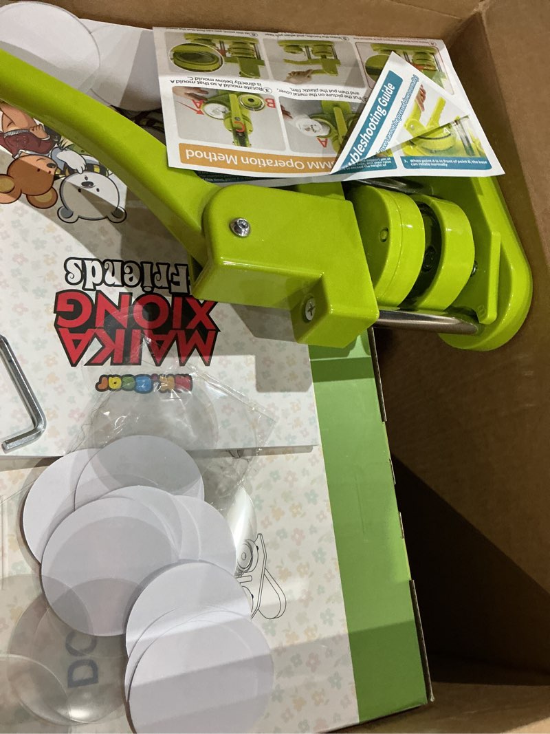 Condition photo showing As Is for button maker machine 58mm (2.25 in) installation-free, diy button pin maker machine, badge punch press with free 100pcs badge supplies & pictures & circle cutter & magic book round 58mm (2.25 inch)