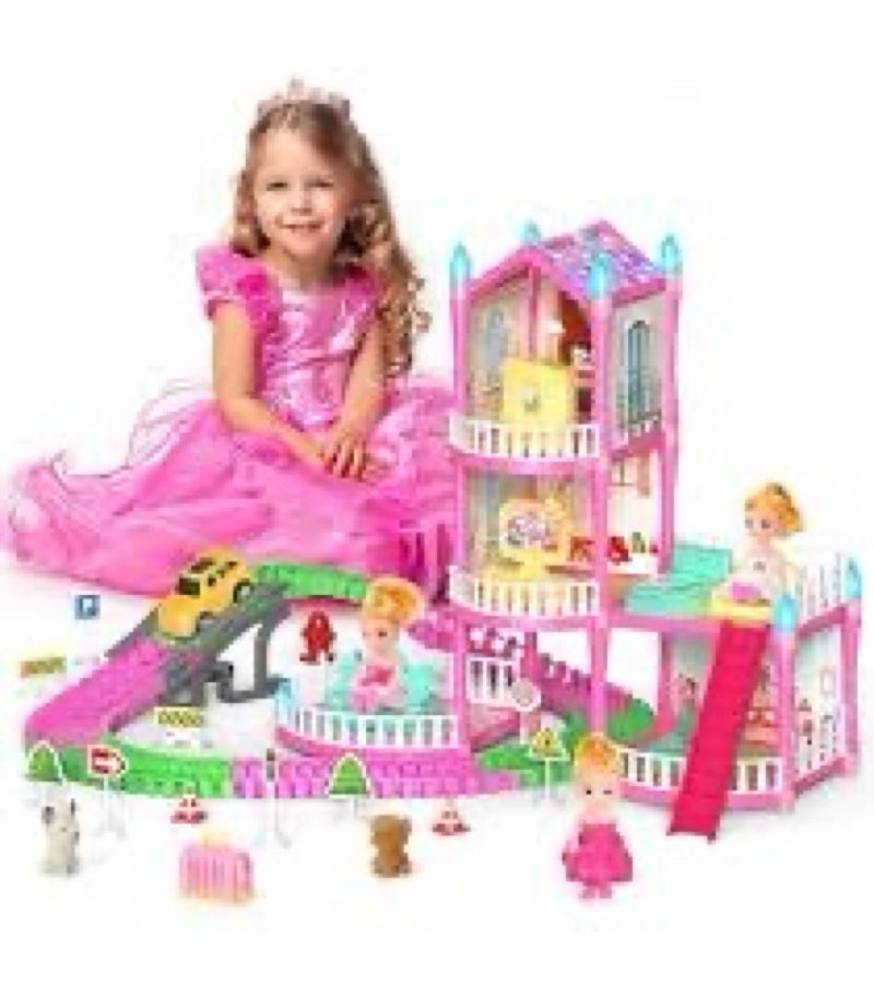 Mastom Dolls House for Girls, Doll Girls Houses with Track Car Toys, Dolls, Pets, Car, Furniture and
