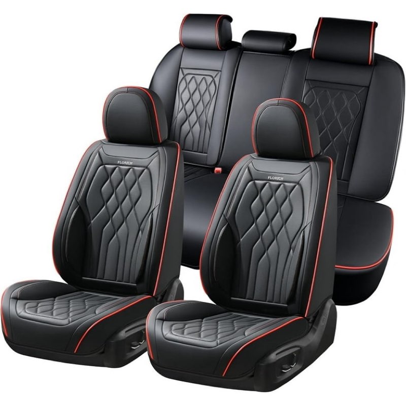florich car seat covers full set, waterproof faux leather seat protectors, automotive interior cushions universal fit for most cars suv trucks, redline