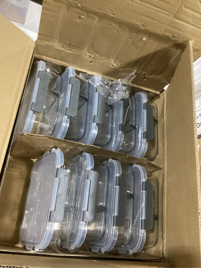 Condition photo showing As Is for komuee 10 packs 30oz glass meal prep containers 2 compartments,glass food storage containers with lids,airtight lunch bento boxes,microwave,oven,freezer and dishwasher safe gray
