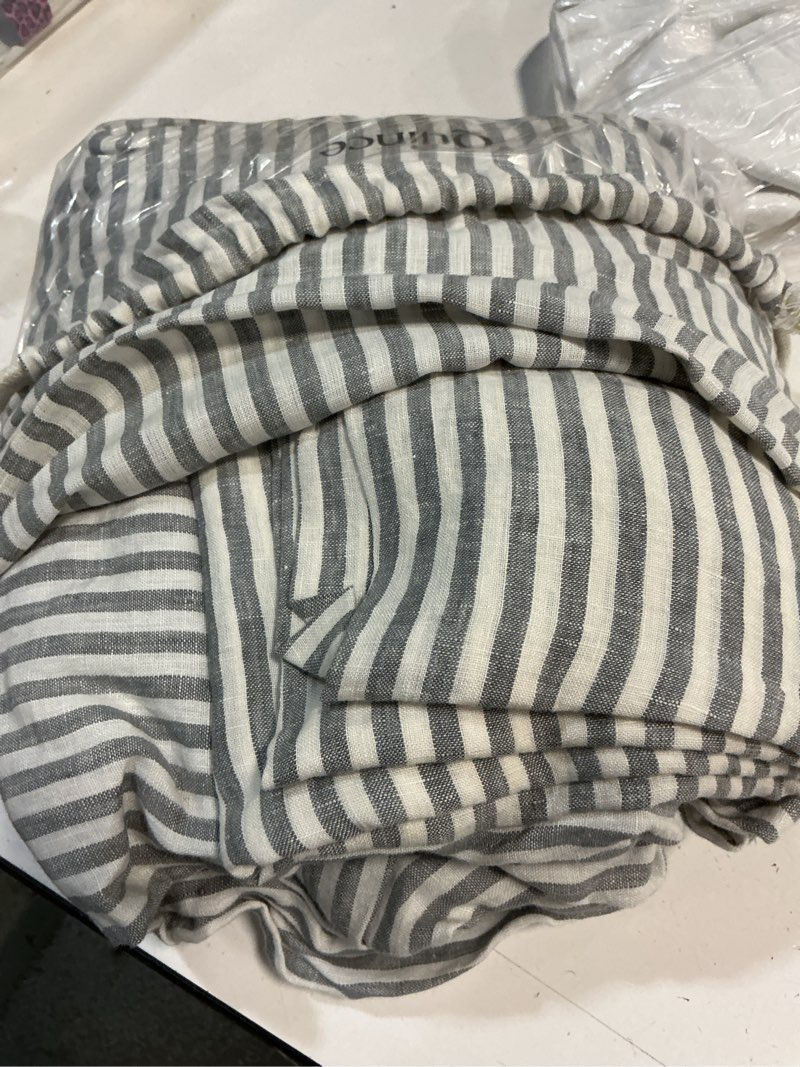 Condition photo showing As Is for quince european linen stripe duvet cover set, full/queen, grey/white stripe