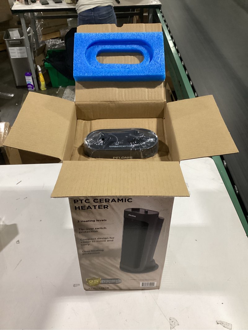 Condition photo showing New/Like New for PELONIS PTH15A2BGB 1500W Fast Heating Space Heater, Programmable Thermostat, Easy Control, Widespread Oscillation, Over Heating & Tip-over Switch Protection, 7.72 x 7.72 x 17.76 Inches, Grey 16 Inch