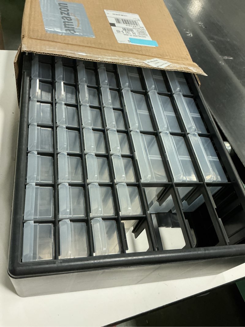 Condition photo showing As Is for Akro-Mils 44-Drawer Plastic Drawer Storage Cabinet for Garage Organization, Bead Organizer, Building Bricks Storage, Teacher Toolbox, Makeup Organizer, 20" W x 6" D x 16" H, 10144 Black Black 44 Drawer 1 pack