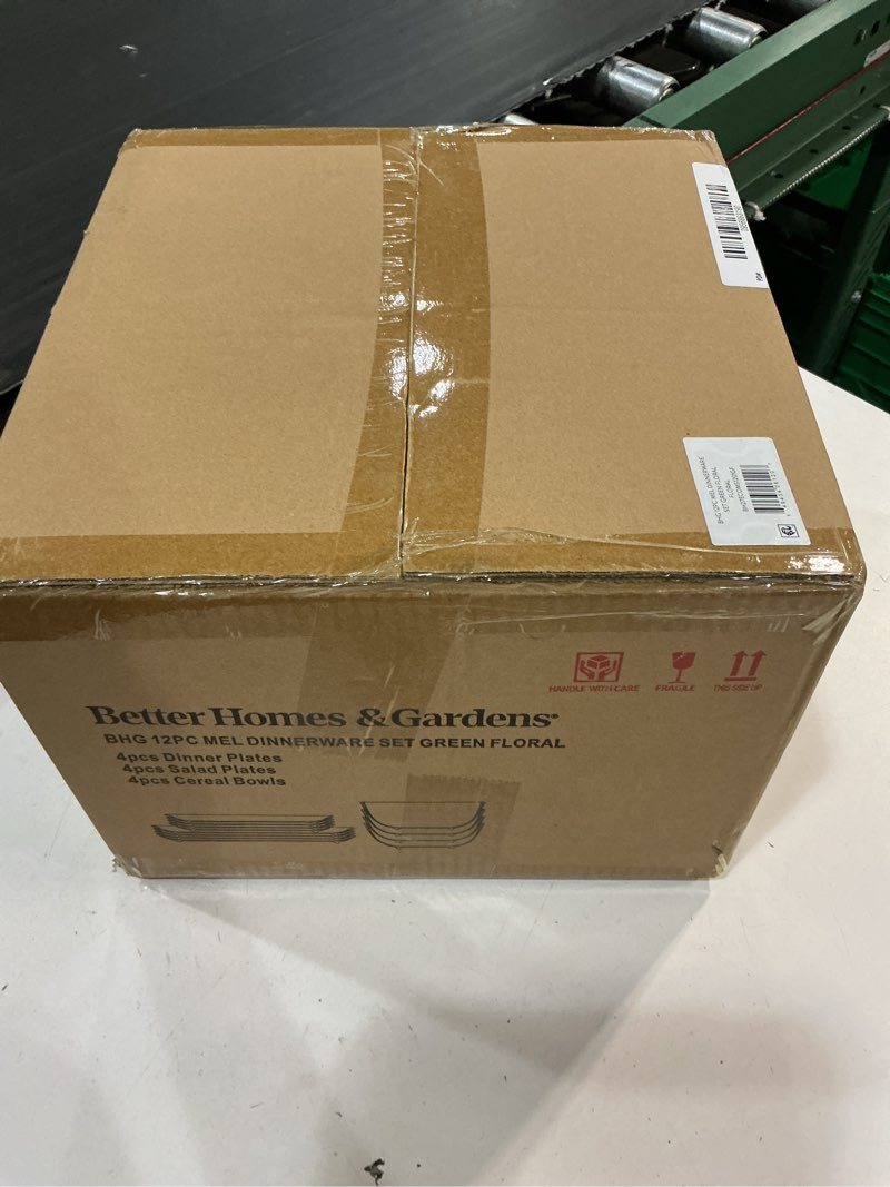 Condition photo showing New/Like New for better homes & gardens 12 piece bamboo melamine green floral dinnerware set
