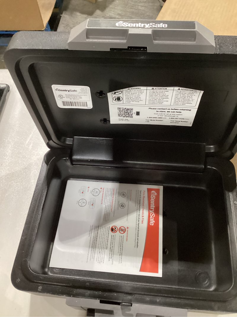 Condition photo showing Good Condition for SentrySafe Fireproof Safe Box with Key Lock, Chest Safe with Carrying Handle to Secure Money, Jewelry, Documents, 0.25 Cubic Feet, 6.3 x 15.3 x 12.1 Inches, 1160