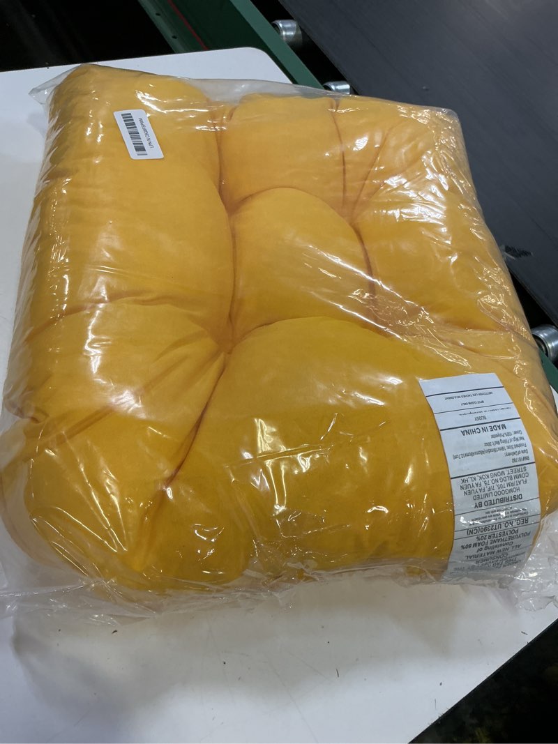 Condition photo showing As Is for 19x19 outdoor chair cushions set of 2, tufted wicker patio furniture cushions, thick outdoor seat cushions for lawn chairs, overstuffed and water resistant, yellow 01 - yellow 19"x19"x5"(pack of 2)