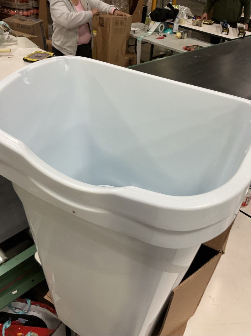 Condition photo showing As Is for United Solutions 10 Gal/40 Qt Space-Efficient Kitchen Trash Can with Dual Swing Lid, (Pack of 2), Waste Basket Fits in Narrow Spaces and Perfect for Commercial Offices, Home Office, Dorm, White