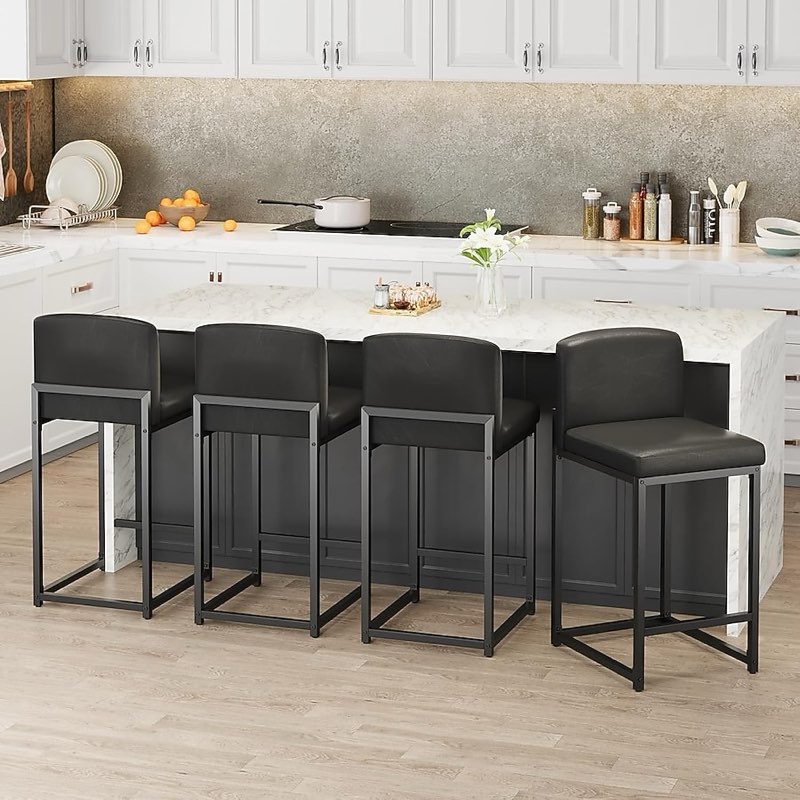 garveehome bar stools set of 4, modern counter height bar stools with back and footrest, faux leathe