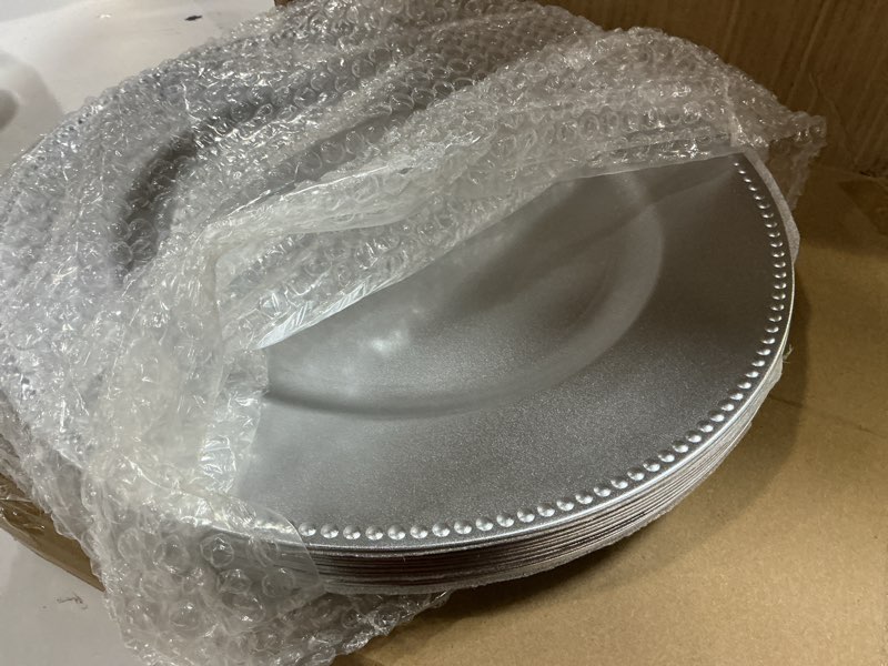Condition photo showing New/Like New for 100pcs silver charger plates bulk wedding - 13" premium silver chargers for dinner plates, decorative charger plates for events & parties silver 100 pcs-13"