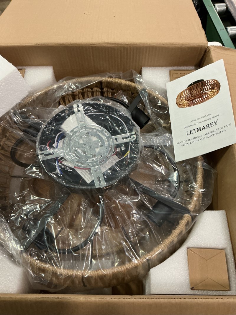 Condition photo showing New/Like New for 20" Caged Ceiling Fans with Lights and Remote, Boho Flush Mount Ceiling Fan with Light, Low Profile Chandelier 6 Speed Bladeless Reversible Ceiling Fan w/ 4 Bulbs. for Living Room Bedroom.