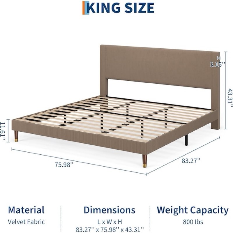 GarveeHome King Size Bed Frame with Upholstered Headboard and Strong Wooden Slats Support, Soft Cord