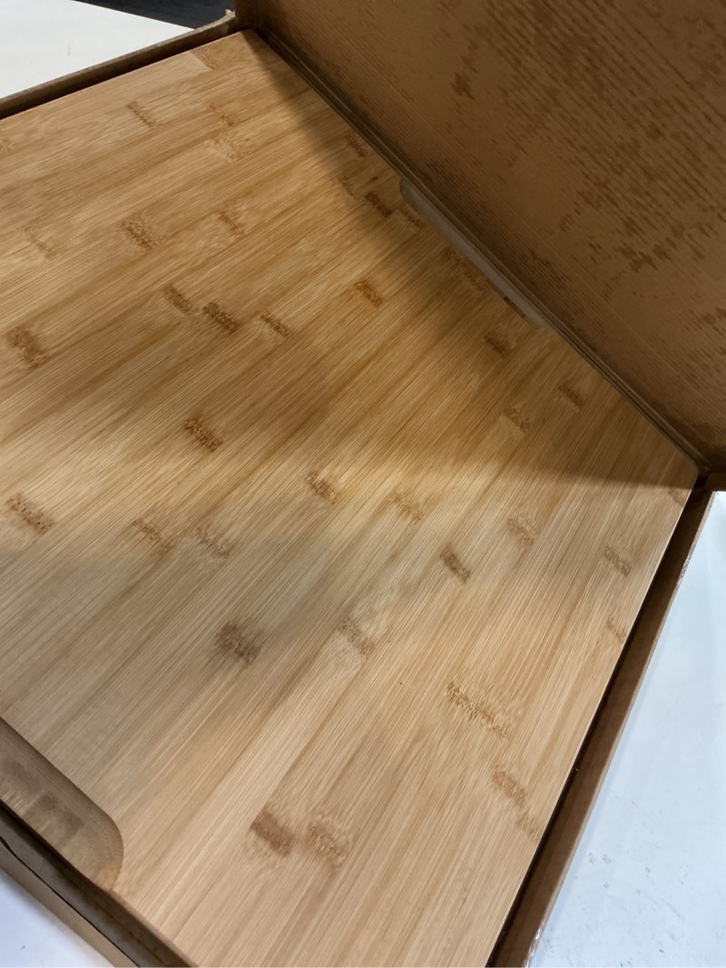 Condition photo showing Good Condition for bamboo cutting board - 20 x 20 inch large wood chopping board for kitchen, meat, vegetables, bbq, square butcher block with juice groove and handle, 0.8"th 20"l x 20"w