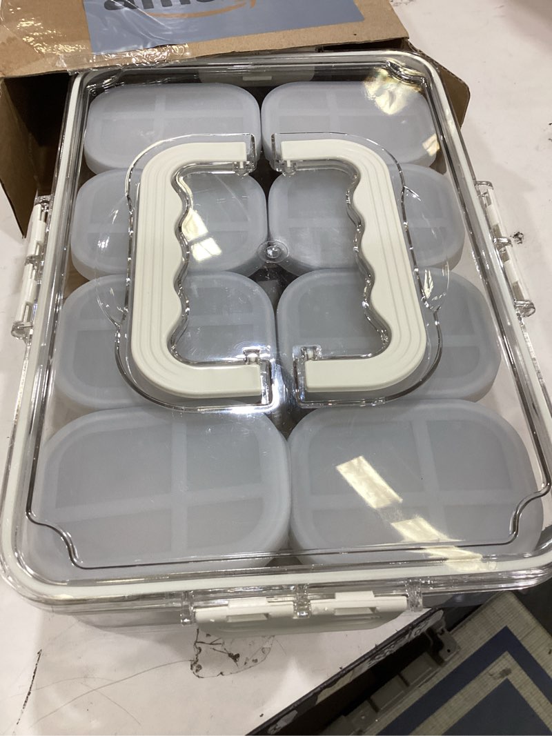 Condition photo showing Good Condition for snackle box container,8 compartment stainless steel food storage with silicone lid & handle,clear divided fruit nut veggie tray for kitchen, picnic, party