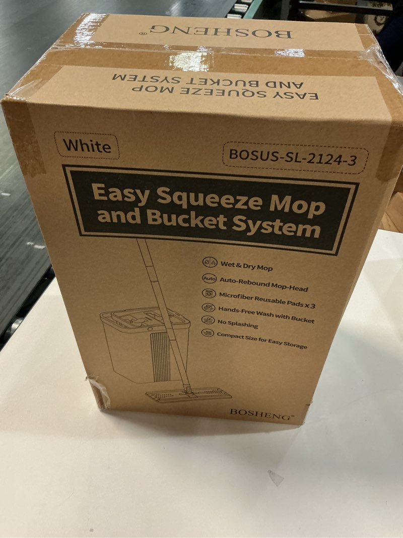 Condition photo showing New/Like New for Mop and Bucket with Wringer Set, Flat Floor Mop and Bucket for Home, Includes 4 Reusable Microfiber Pads, Ideal for Home, Floor, and Wall Cleaning New Clear 23 1 Bucket [White] + 60" Mop + 4 Grey Pads