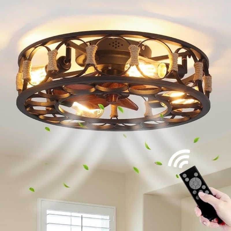 caged flush mount ceiling fan with lights, farmhouse rustic bladeless ceiling fans with lights and remote, low profile small enclosed ceiling fan with light for bedroom, kitchen, black
