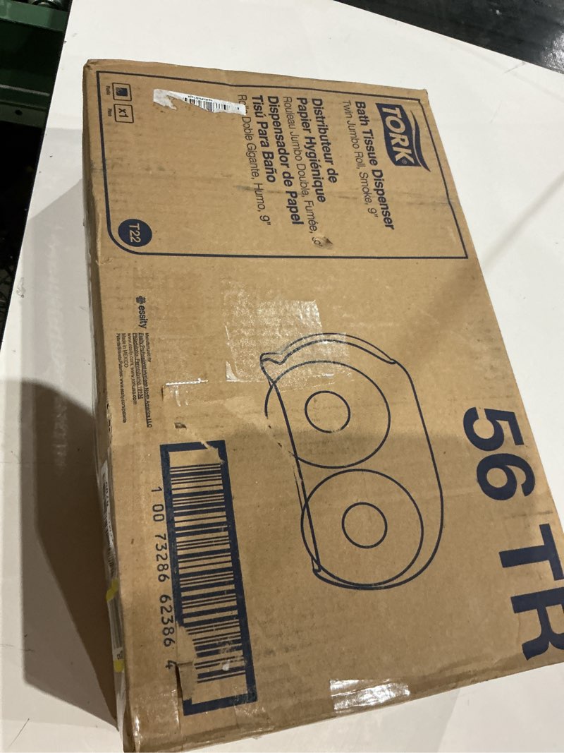 Condition photo showing New/Like New for tork twin jumbo toilet paper roll dispenser smoke t22, refill indicator window, 56tr twin tissue roll
