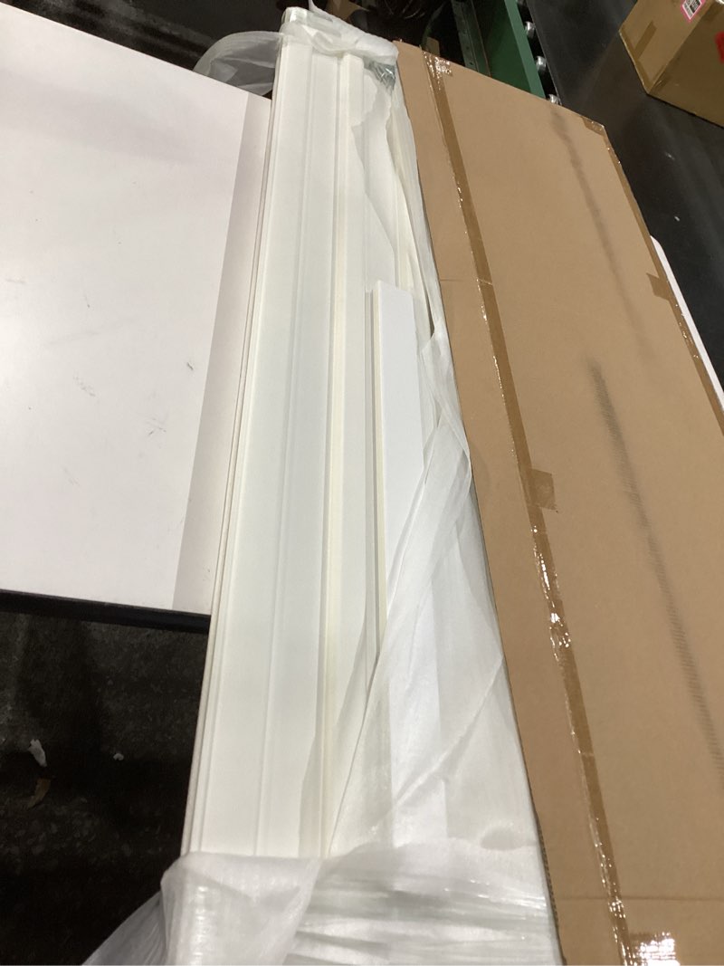 Condition photo showing As Is for heavy-duty slat wall paneling 4x2 ft, pvc slatwall panel garage wall organizer mounted storage system, easy-to-install adjustable, compatible with most accessories, for garage, home, store - white 1x4 ft