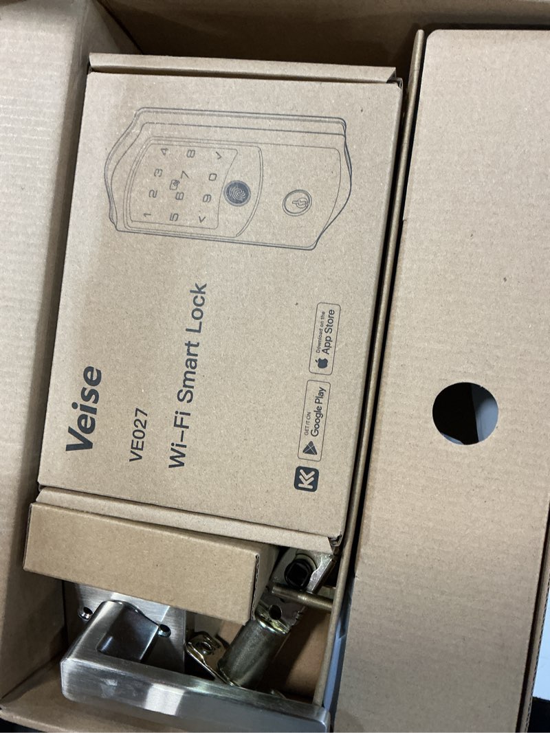 Condition photo showing As Is for veise ve027-h built-in wi-fi fingerprint smart deadbolt lock with handleset, app remote & voice control, keyless entry front door lock set, touchscreen keypad, auto-lock, easy setup, satin nickel