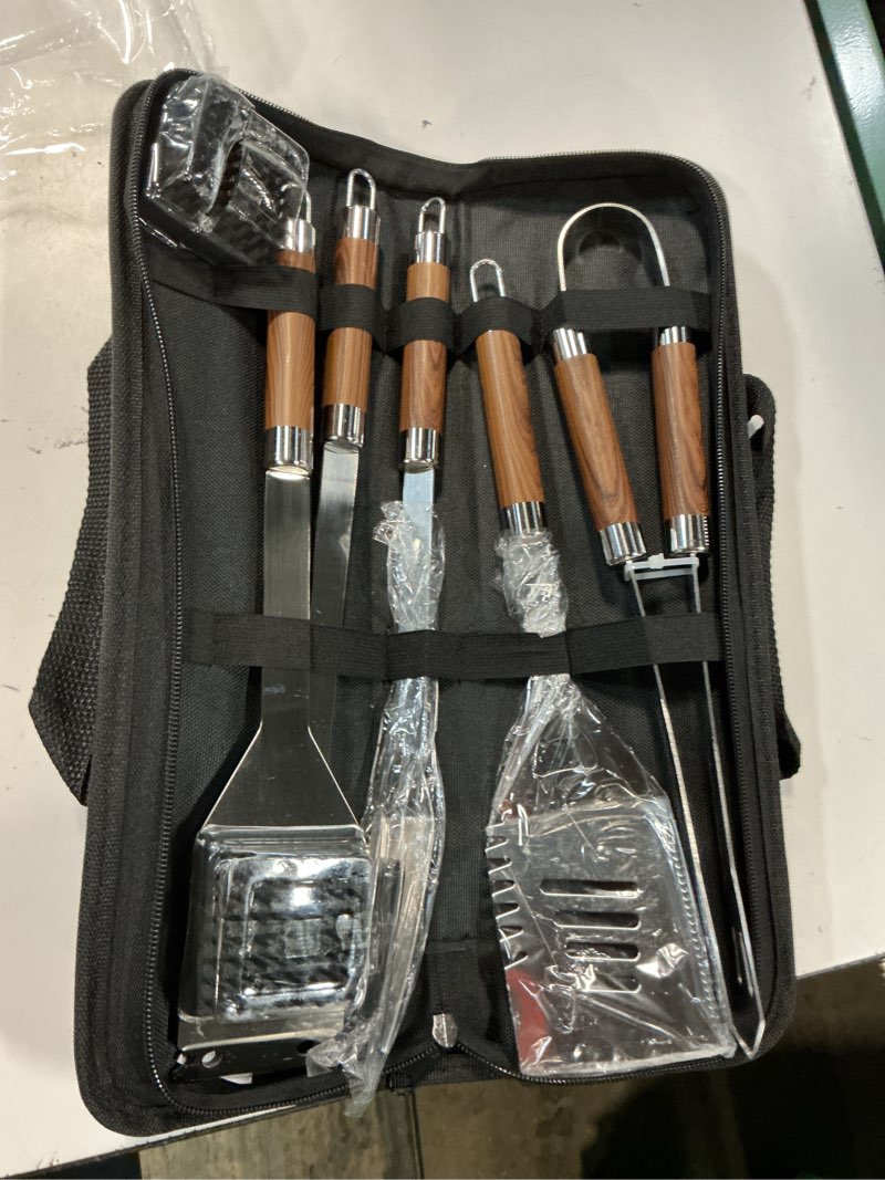 Condition photo showing New/Like New for bbq grill accessories, stainless steel grilling set with storage bag, spatula, fork, cleaning brush bbq accessories, grill tools set for outdoor cooking camping, grilling gifts for men