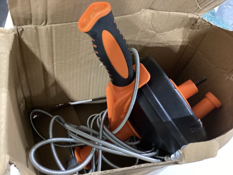 Condition photo showing Good Condition for drain auger, clog remover with drill adapter, 25 feet flexible plumbing snake use manually or powered for kitchen, bathroom and shower sink, comes with gloves (orange)