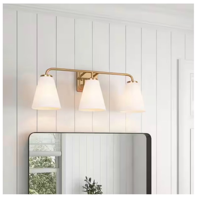  modern 24.02 in. 3-light gold bathroom vanity light fixtures over mirror with cone frosted glass