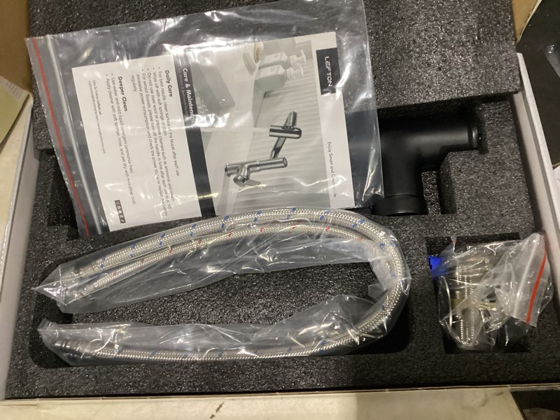 Condition photo showing As Is for lefton rotatable bathroom faucet with temperature display in fahrenheit (batteries-free), 3 water outlet modes, matte black, bf2204-3 matt black